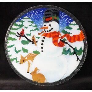 Peggy Karr Snowman Plate 13.5" Winter Rabbit Deer‎ Cardinals by David Switzer